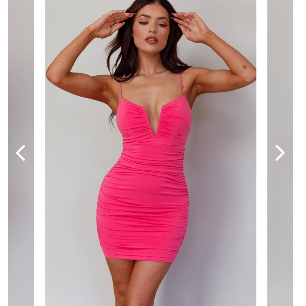 GOOD VIBES CAMI STRAP DEEP V-NECKLINE RUCHED MINI DRESS HOT PINK
